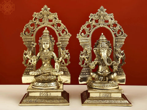 12" Brass Lord Ganesha and Goddess Lakshmi with Kirtimukha Prabhavali