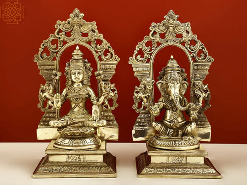 12" Brass Lord Ganesha and Lakshmi Statue with Kirtimukha Prabhavali