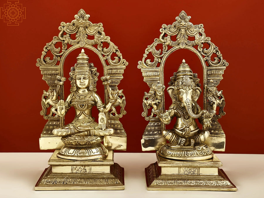 12" Brass Lord Ganesha and Lakshmi Statue with Kirtimukha Prabhavali