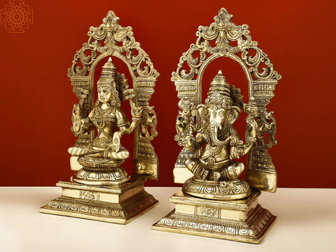 12" Brass Lord Ganesha and Goddess Lakshmi with Kirtimukha Prabhavali