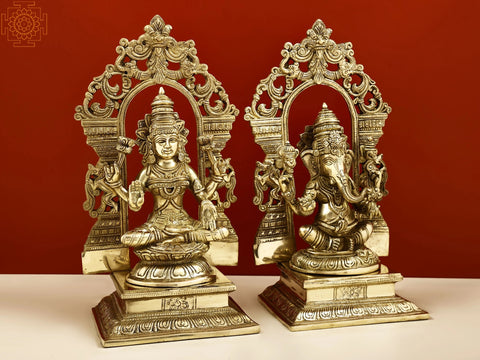 12" Brass Lord Ganesha and Goddess Lakshmi with Kirtimukha Prabhavali