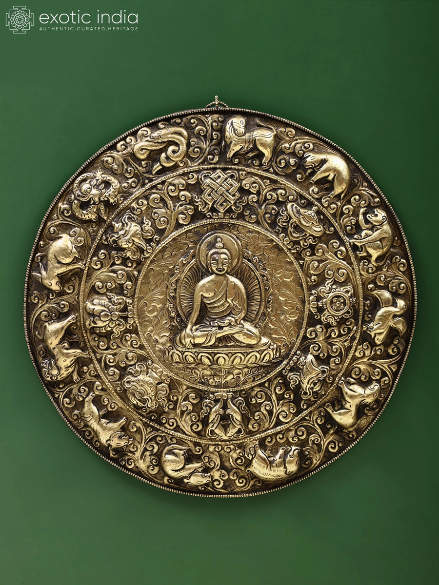11" Buddha with Zodiac and Auspicious Symbols Brass Wall Hanging Idol
