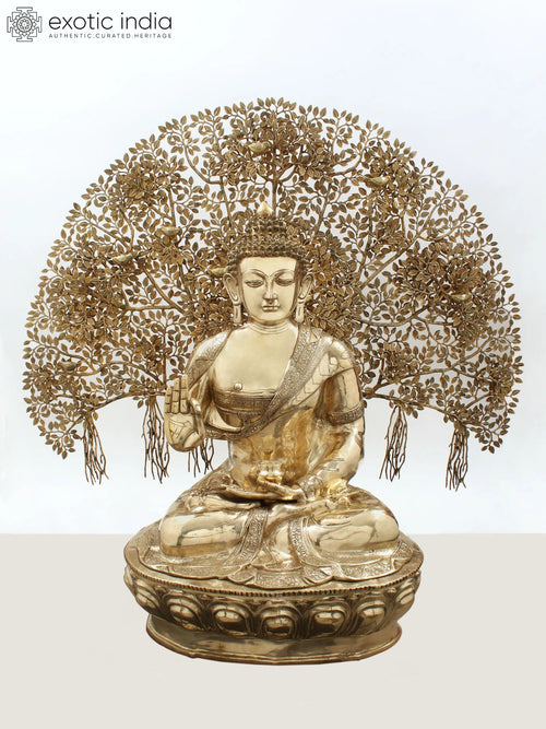 65" Large Gautam Buddha with Tree of Life Brass Statue