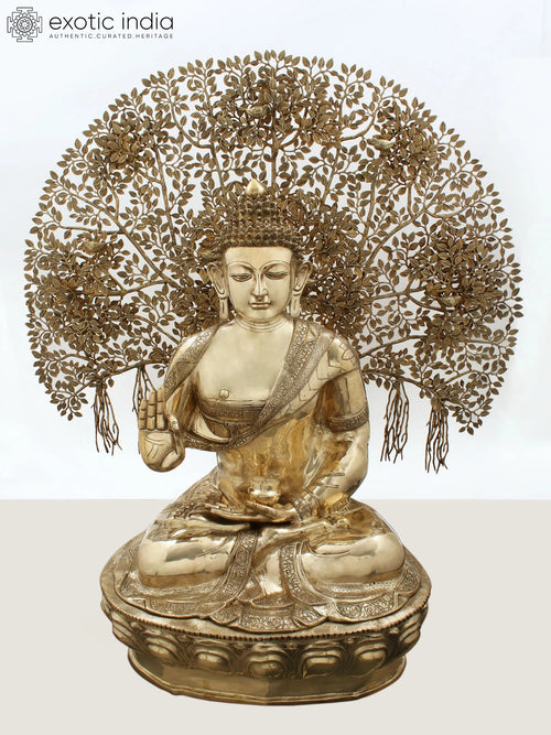 57" Large Gautam Buddha with Tree of Life Brass Statue