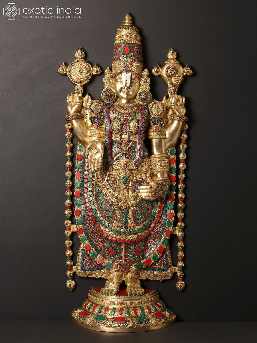 46" Large Brass Lord Venkateshwara Balaji Statue with Inlay Work