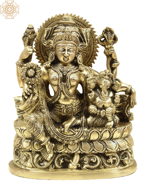 9" Goddess Parvati with Baby Ganesha Brass Statue