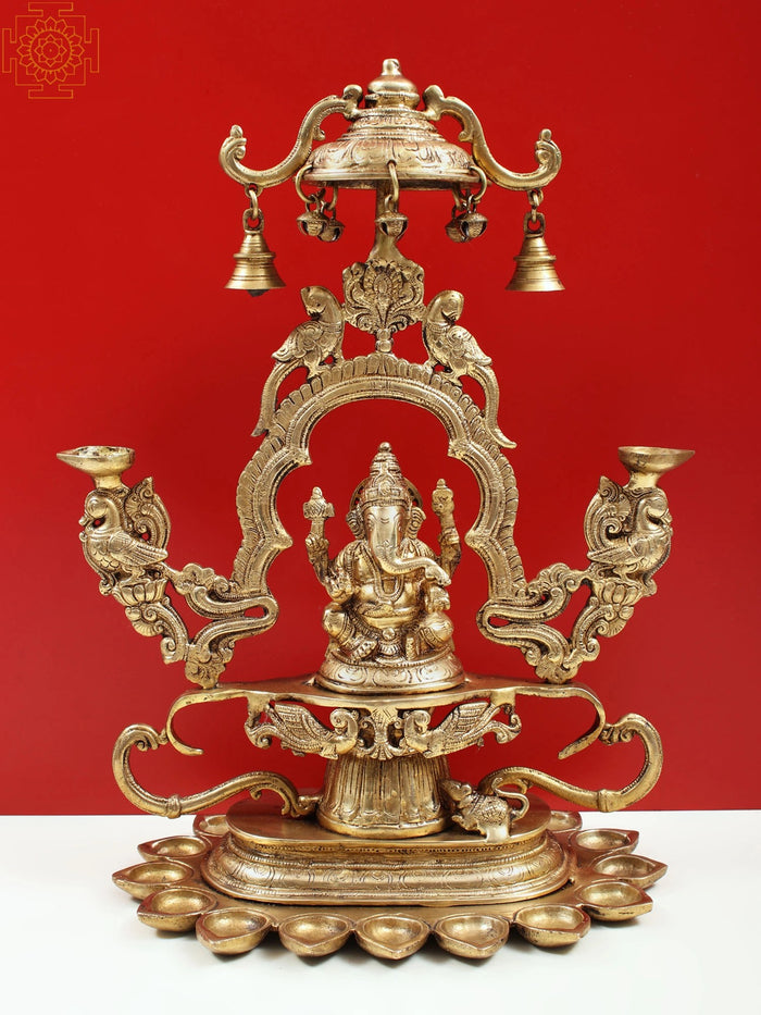 16" Lord Ganesha Brass Statue with Multiple Diyas for Pooja