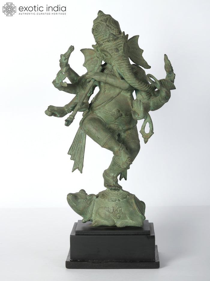 16" Brass Eight Armed Ganesha Idol on Mushak Statue