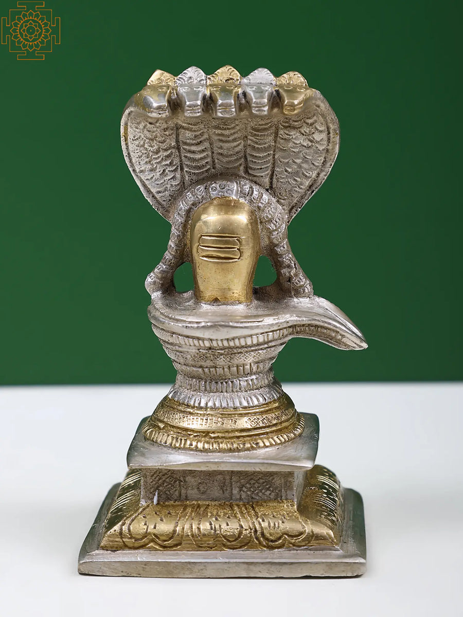 4" Brass Shiva Linga with Five Hooded Serpent Statue
