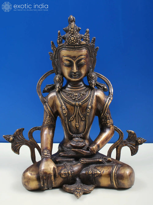10" Crowned Buddha Bhumisparsha Mudra Brass Statue