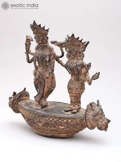 10" Brass Lord Vishnu with Goddess Lakshmi (Tribal Dhokra Art)