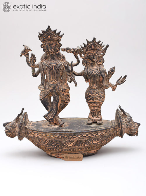 10" Brass Lord Vishnu and Goddess Lakshmi Tribal Dhokra Statue