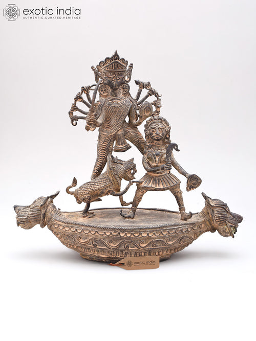 11" Brass Goddess Mahishasura Mardini Tribal Dhokra Statue