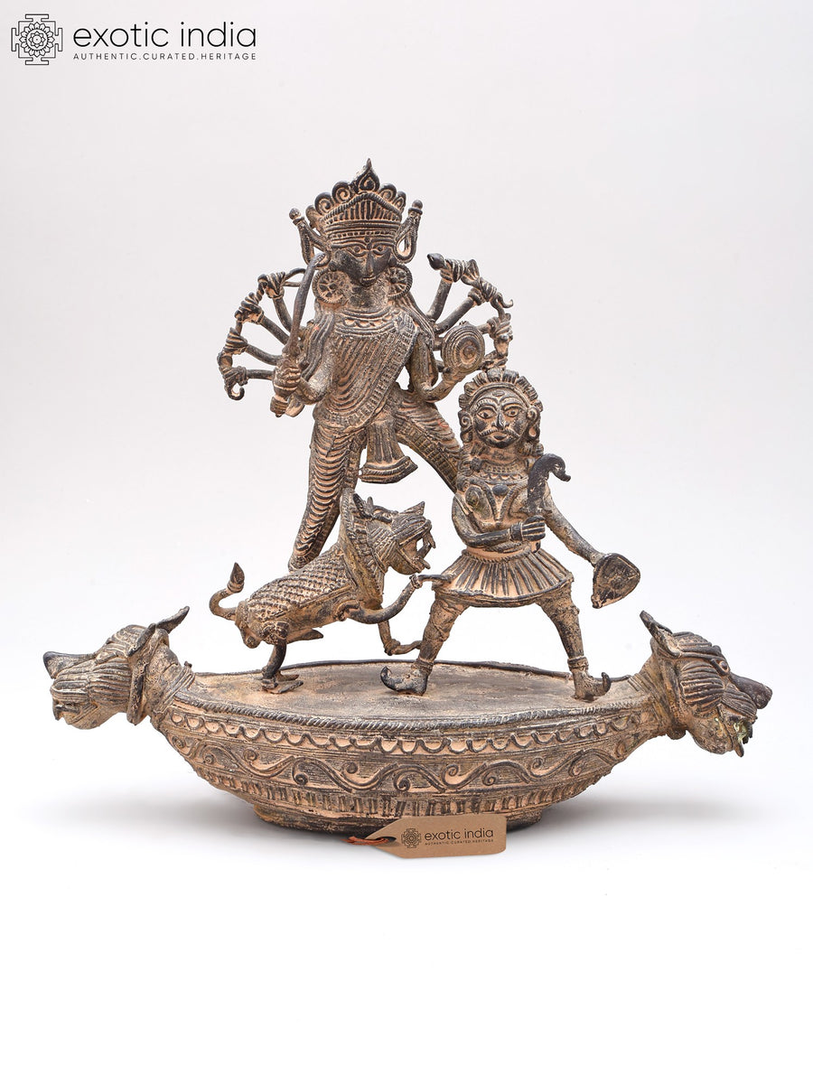 11" Brass Goddess Mahishasura Mardini Tribal Dhokra Statue
