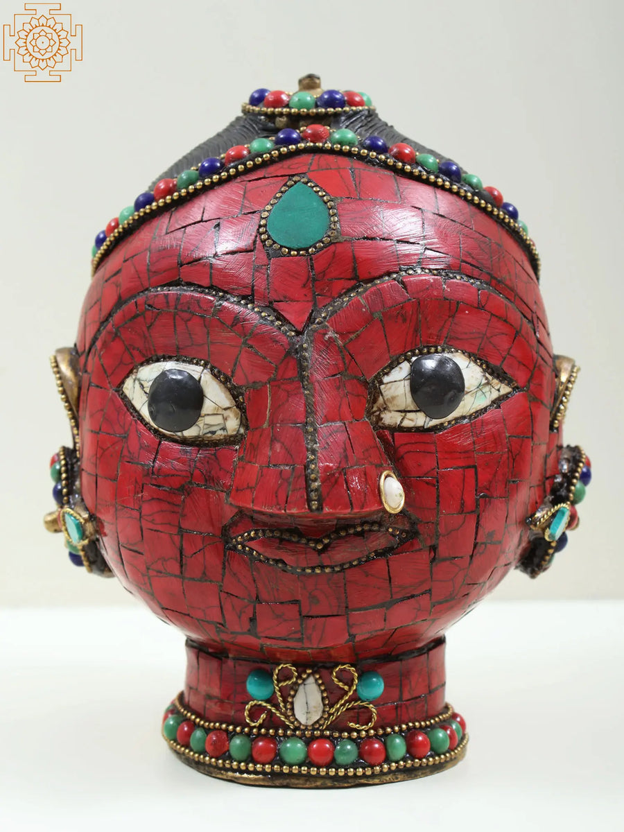 6" Brass Gauri Head Statue with Inlay Work for Pooja