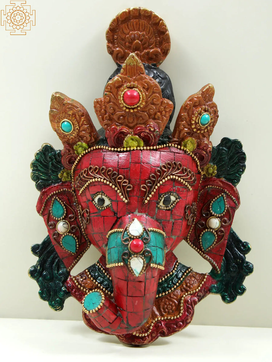 8" Lord Ganesha Head Brass Wall Hanging with Inlay Work