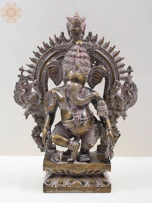 14" Dancing Ganesha with Kritimukha Brass Statue