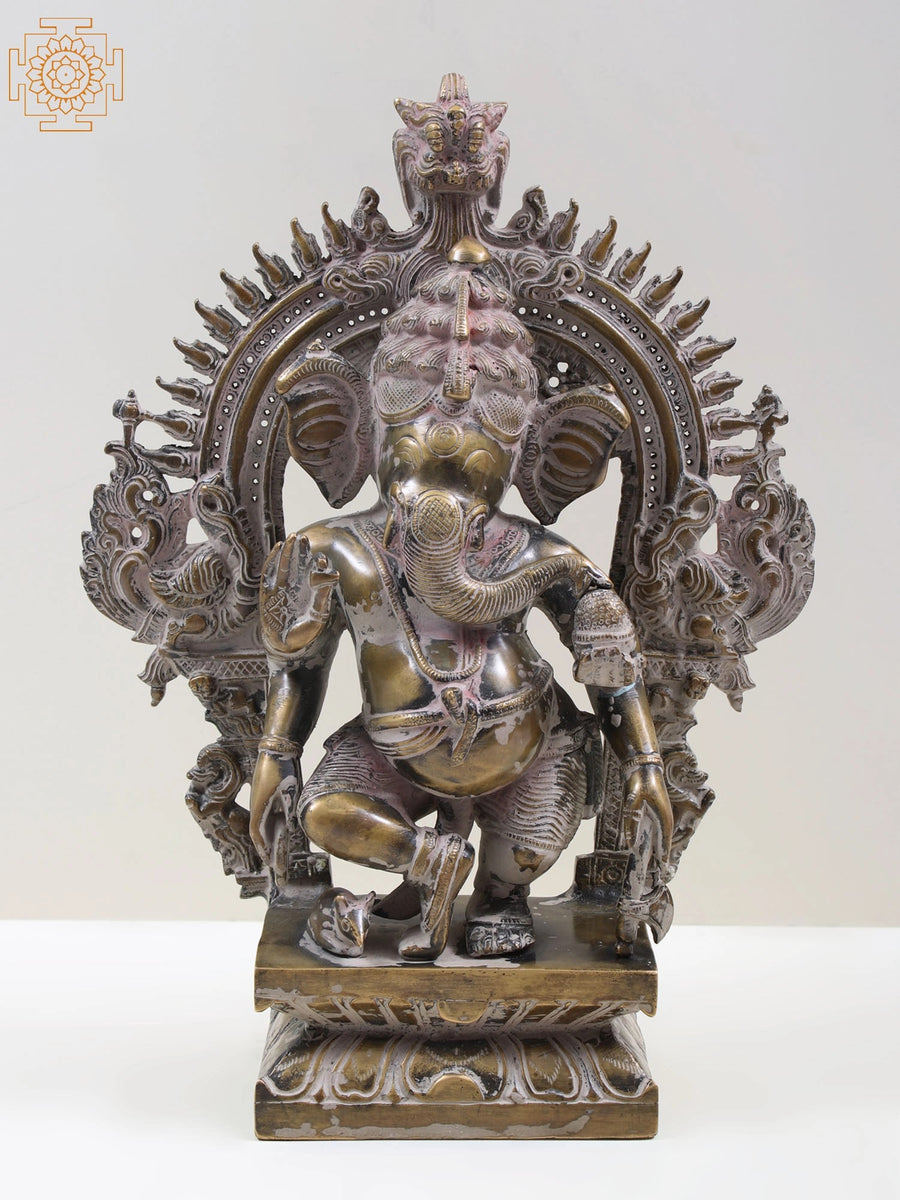 14" Dancing Ganesha with Kritimukha Brass Statue