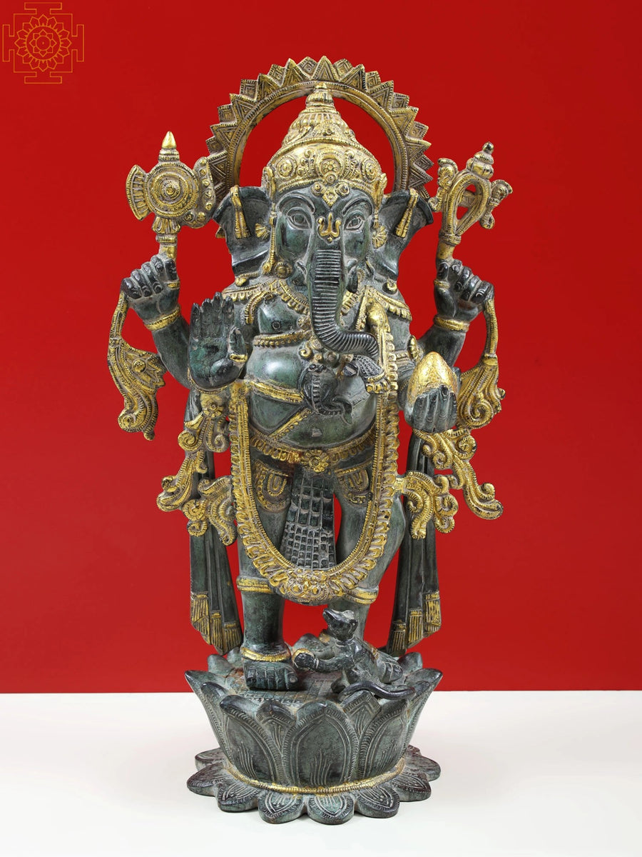 16" Lord Ganesha Standing Brass Statue on Lotus Pedestal