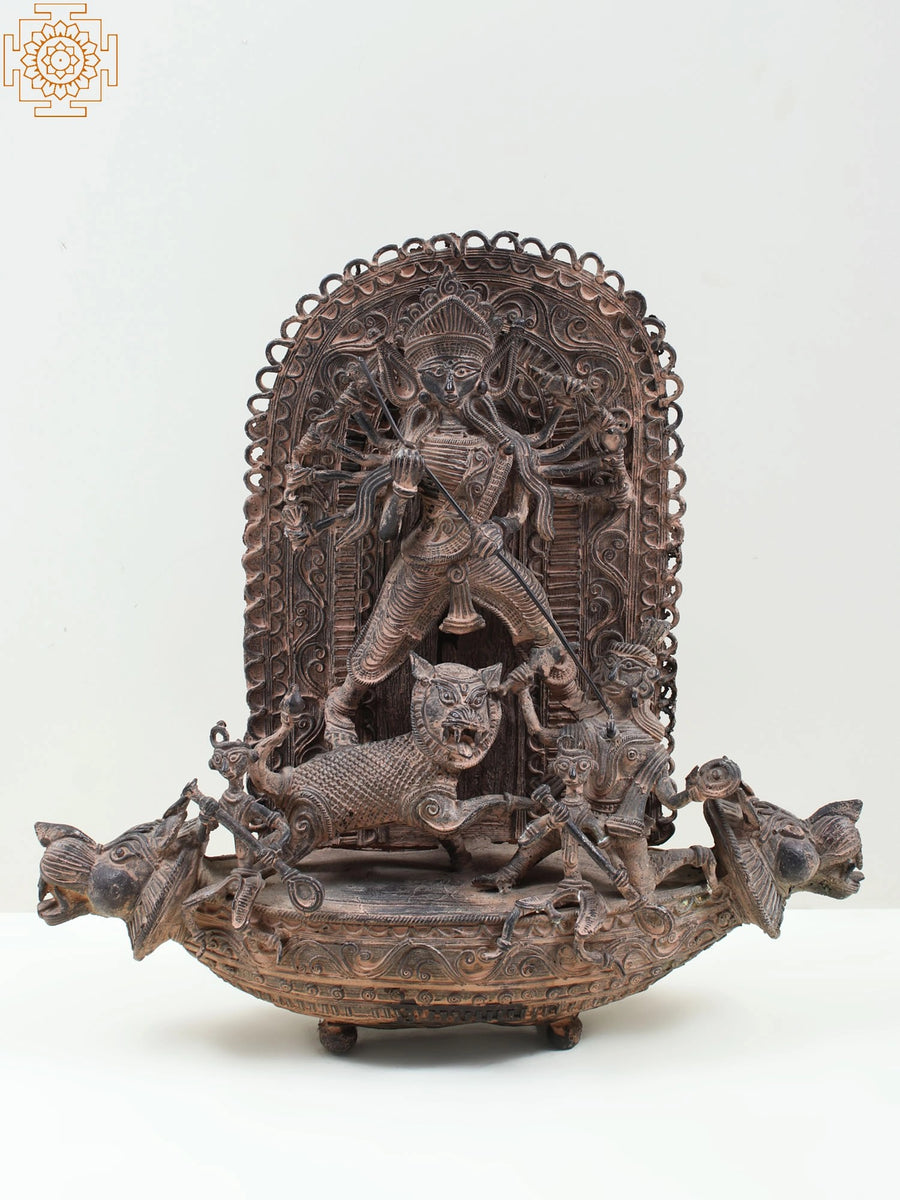 15" Handmade Brass Goddess Mahishasura Mardini Tribal Dhokra Statue