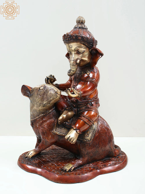 14" Lord Ganesha Seated on Rat Brass Statue for Pooja