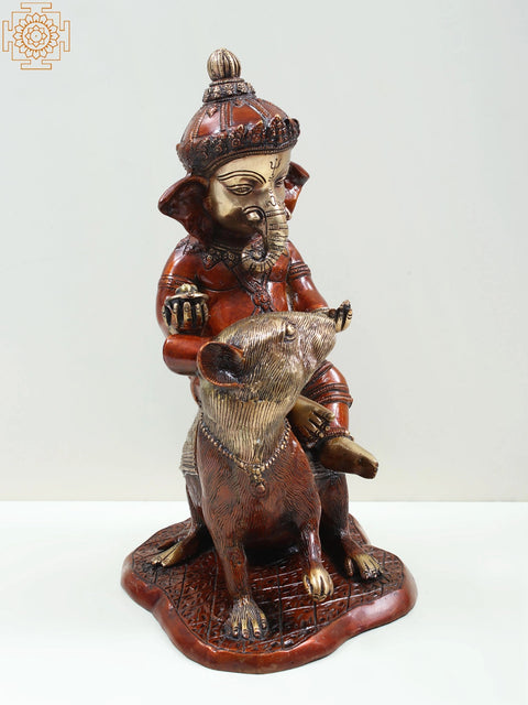 14" Lord Ganesha Seated on Rat In Brass