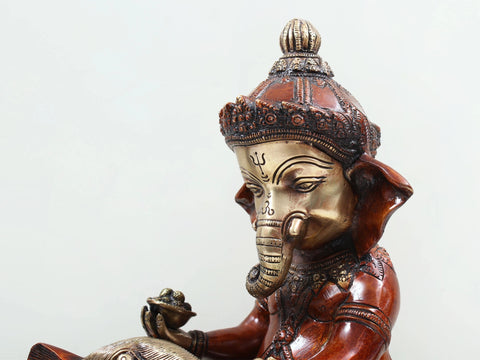 14" Lord Ganesha Seated on Rat In Brass