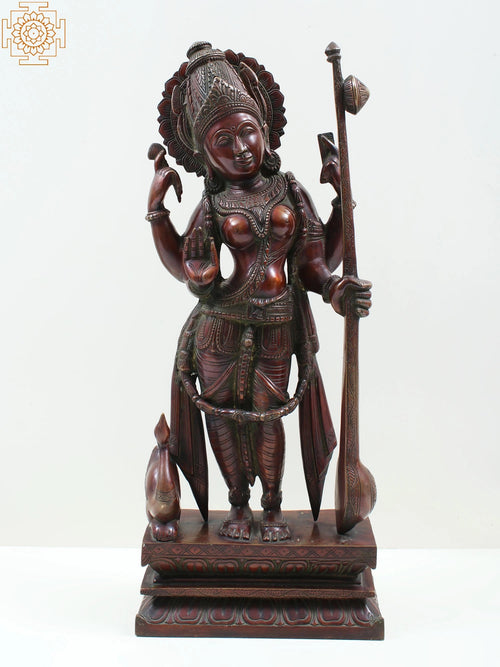 22" Handmade Standing Goddess Saraswati Brass Statue