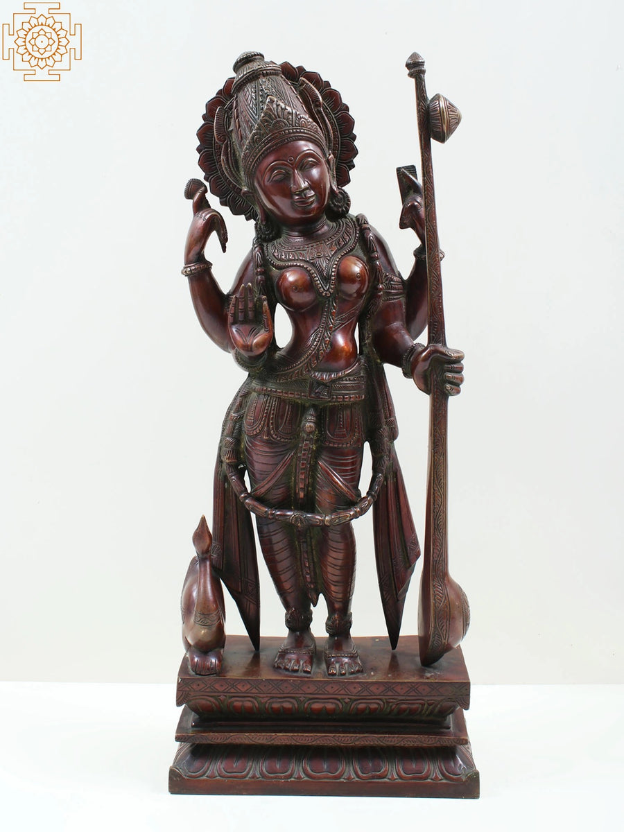 22" Handmade Standing Goddess Saraswati Brass Statue