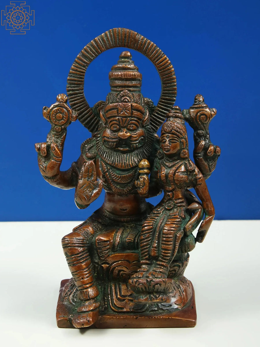 5" Lord Narasimha with Lakshmi Brass Statue for Pooja