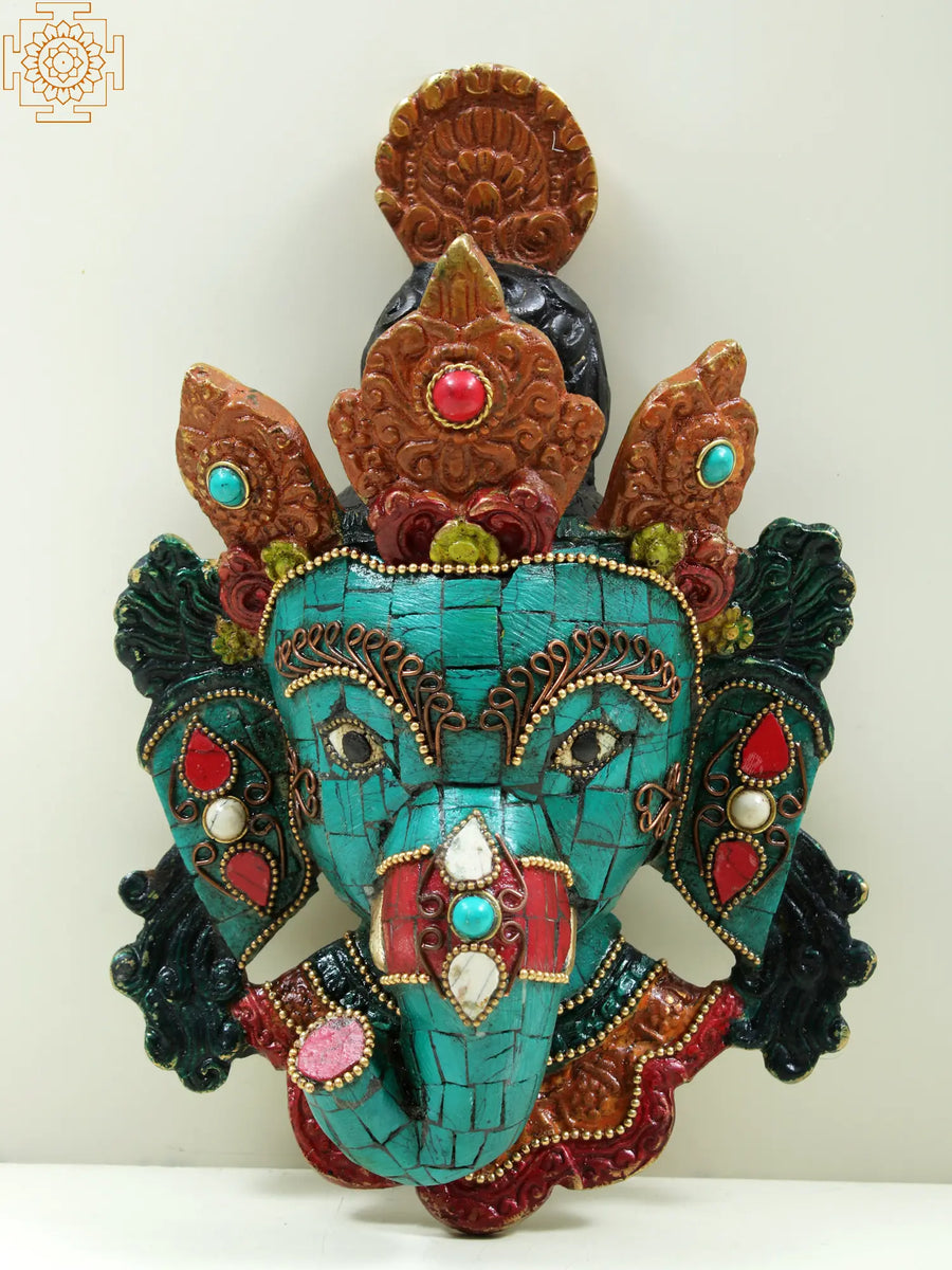8" Brass Ganesha Head Wall Hanging with Inlay Work
