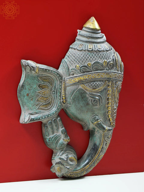 11" Lord Ganesha Face Wall Hanging In Brass