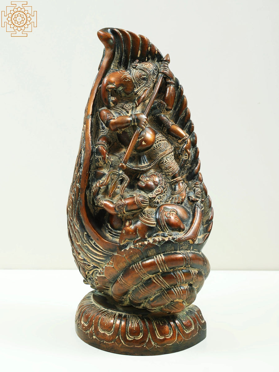 11" Brass Lord Ganesha Statue in Conch Shell Defeating Demon
