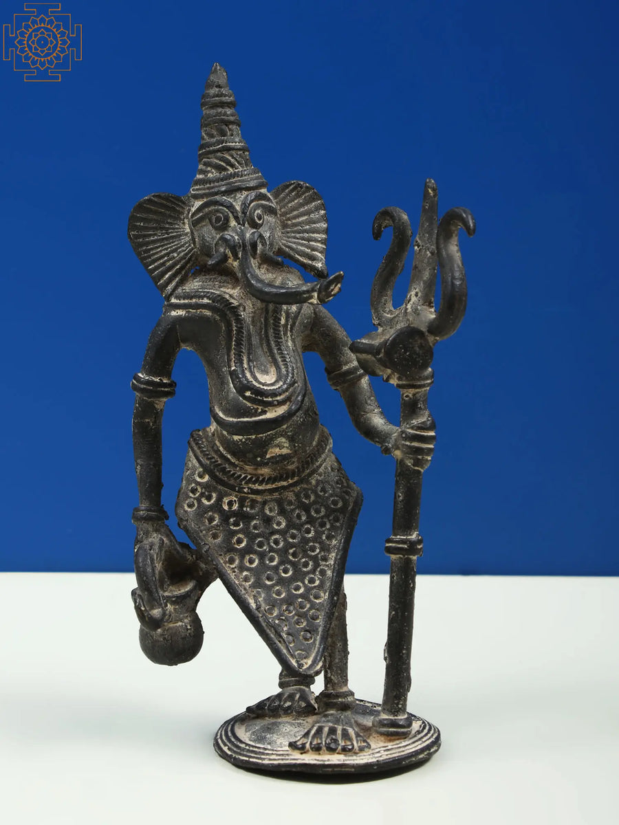 6" Small Lord Ganesha with Trishul Brass Idol Tribal Dhokra Art