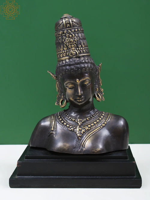 7" Brass Goddess Parvati Bust with Wooden Stand