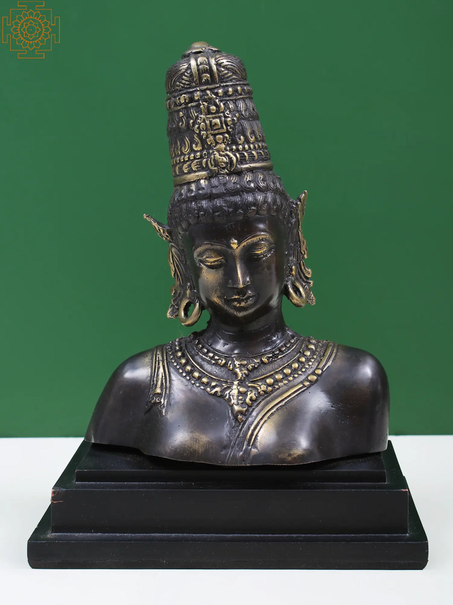 7" Brass Goddess Parvati Bust with Wooden Stand