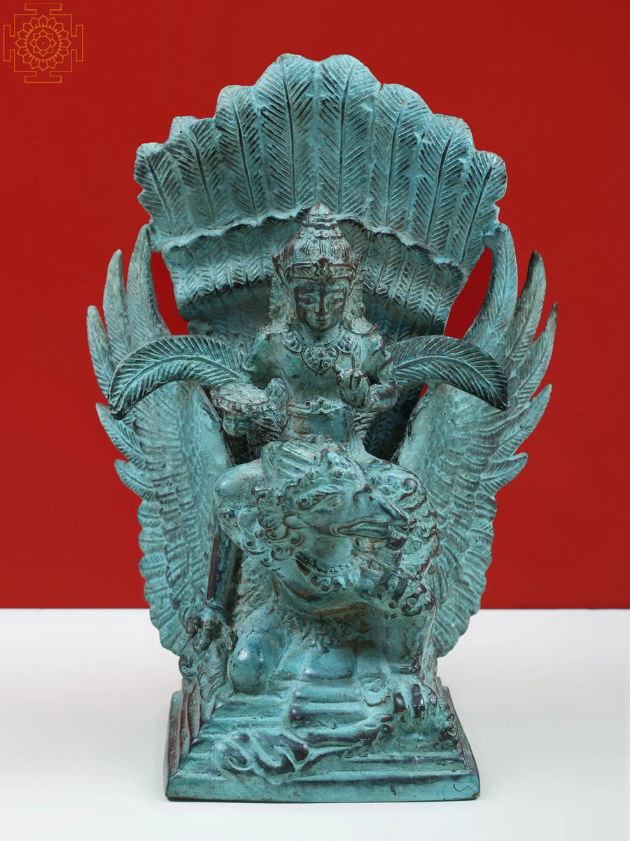 8" Brass Lord Vishnu Seated on Garuda Statue for Pooja