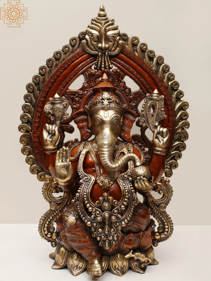 25" Brass Lord Ganesha Seated on Lotus Pedestal with Kirtimukha Prabhavali Statue