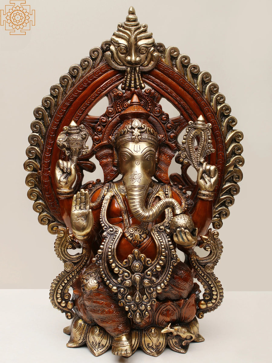 25" Brass Lord Ganesha Seated on Lotus Pedestal with Kirtimukha Prabhavali Statue