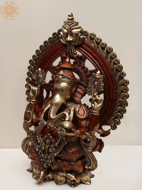 25" Brass Lord Ganesha Seated on Lotus Pedestal with Kirtimukha Prabhavali