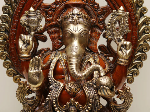 25" Brass Lord Ganesha Seated on Lotus Pedestal with Kirtimukha Prabhavali
