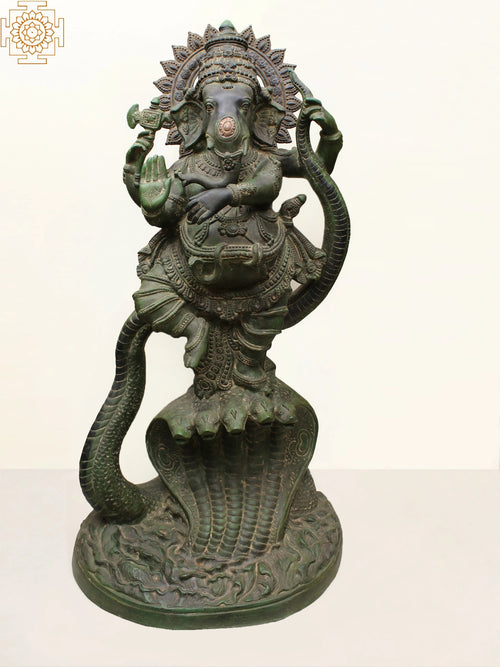 45" Large Dancing Ganesha on Snake Brass Statue