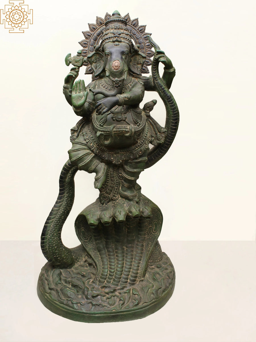 45" Large Dancing Ganesha on Snake Brass Statue