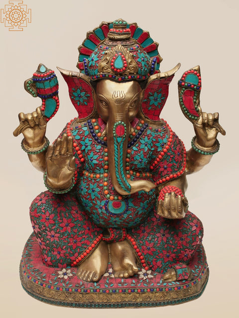 21" Brass Lord Ganesha with Inlay Work