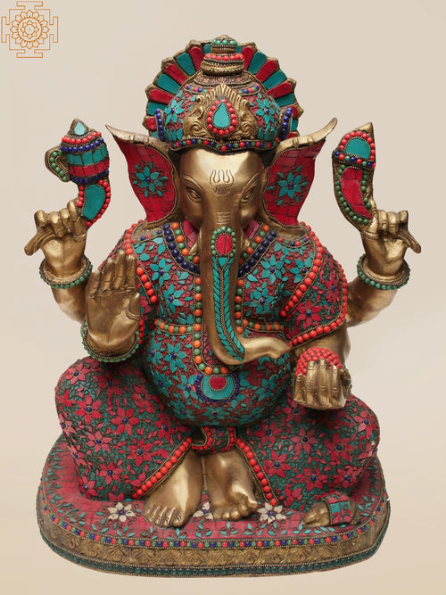 21" Brass Lord Ganesha Handcrafted Idol with Inlay Work