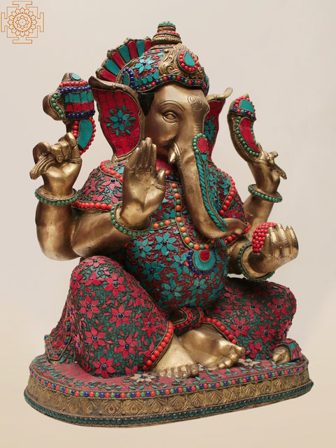 21" Brass Lord Ganesha with Inlay Work