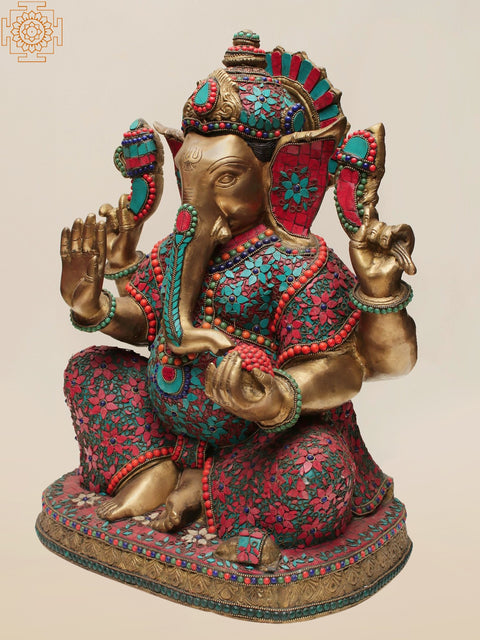 21" Brass Lord Ganesha with Inlay Work