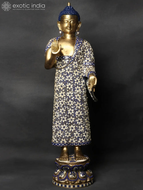 32" Standing Preaching Buddha Brass Idol with Inlay Work