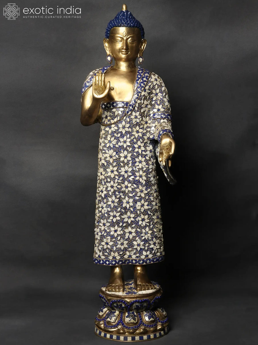 32" Standing Preaching Buddha Brass Idol with Inlay Work