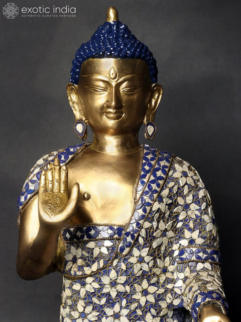 32" Large Standing Preaching Buddha Brass Idol with Inlay Work